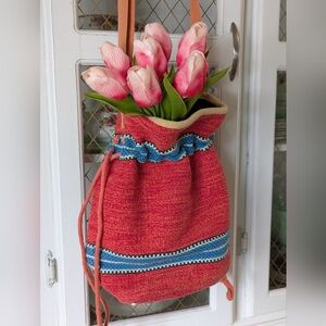 Hippie Chic Handwoven Red Drawstring Boho Bucket Bag with Blue Trim